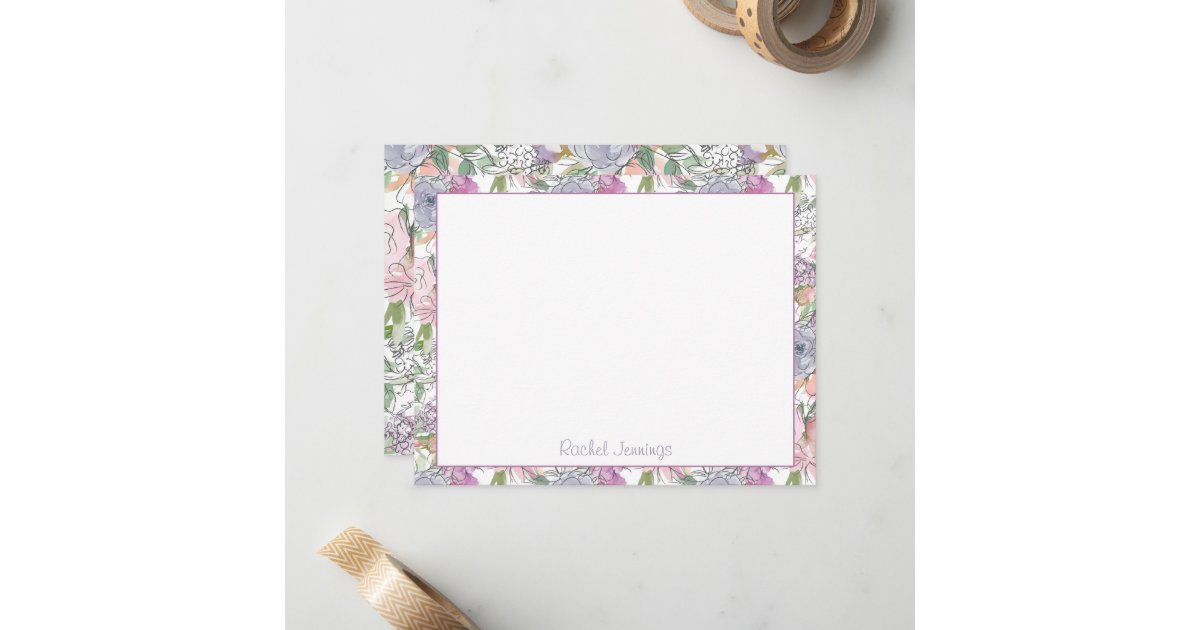 Purple Floral Watercolor Sketch Personalized Name Note Card | Zazzle