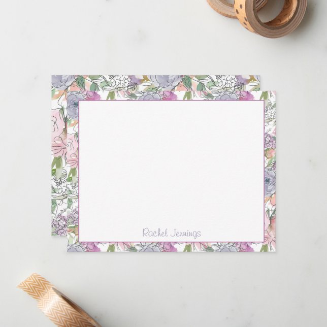 Purple Floral Watercolor Sketch Personalized Name Note Card (Front/Back In Situ)