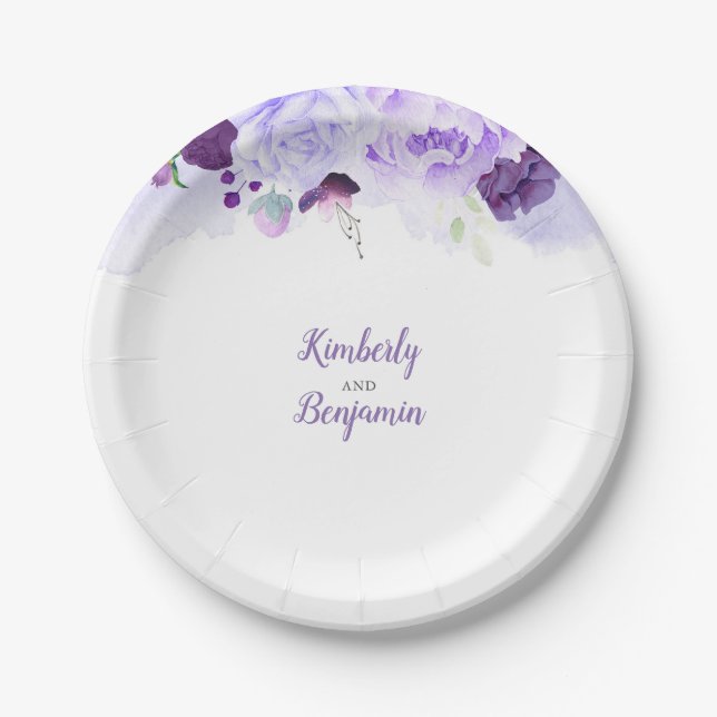 Purple Floral Watercolor Wedding Paper Plates (Front)