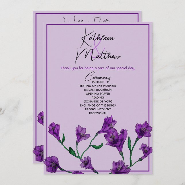 Purple Floral Watercolor Wedding Program (Front/Back)