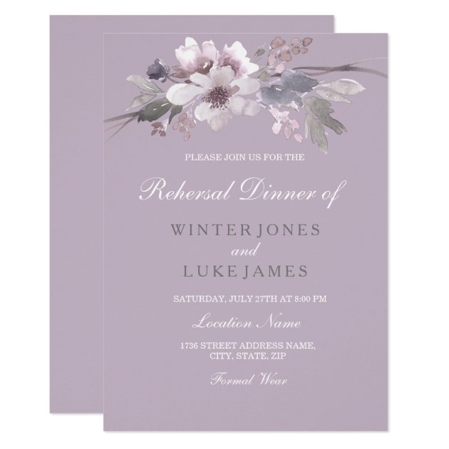 Purple Floral Watercolor Wedding Rehearsal Dinner Invitation