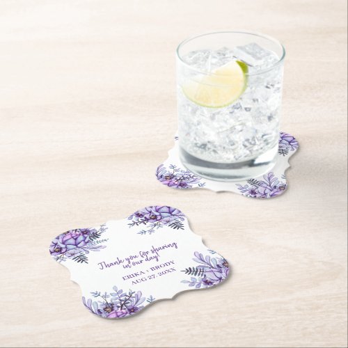 Purple Floral Watercolor Wedding Thank You  Paper Coaster