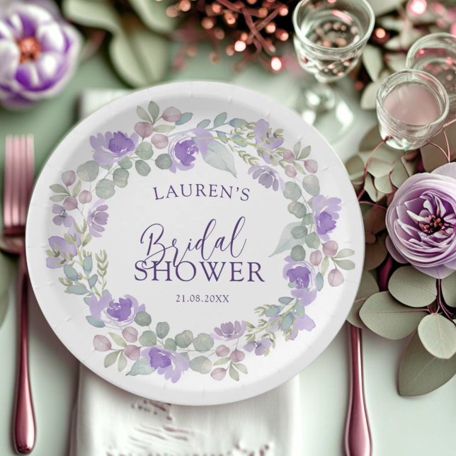 Purple Floral Watercolor Wreath Bridal Shower Paper Plates (Creator Uploaded)