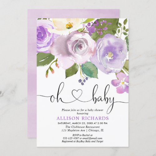 Purple floral watercolors girl baby shower invitation