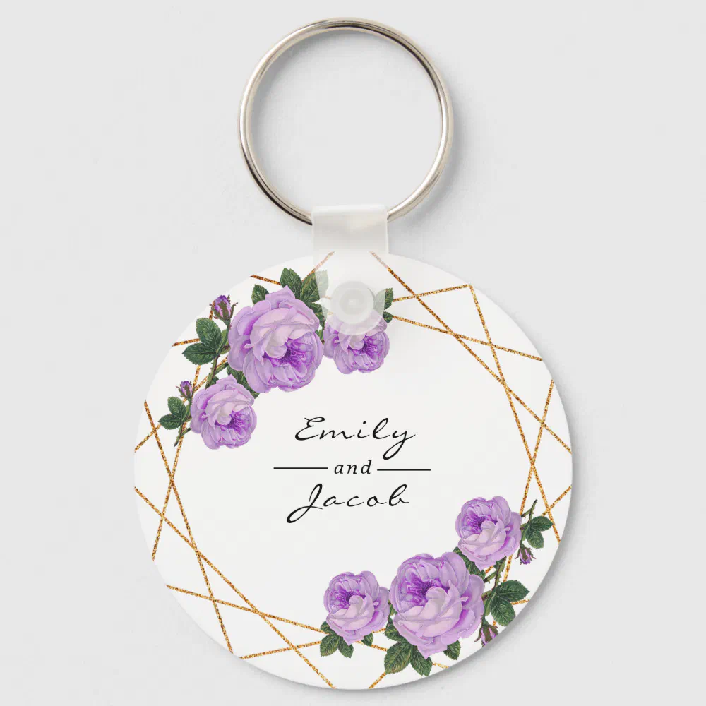 Purple Floral Wed Elegant Gold Glitter Geometric Keychain