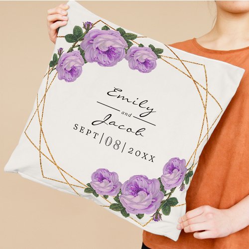 Purple Floral Wed Elegant Gold Glitter Geometric Throw Pillow