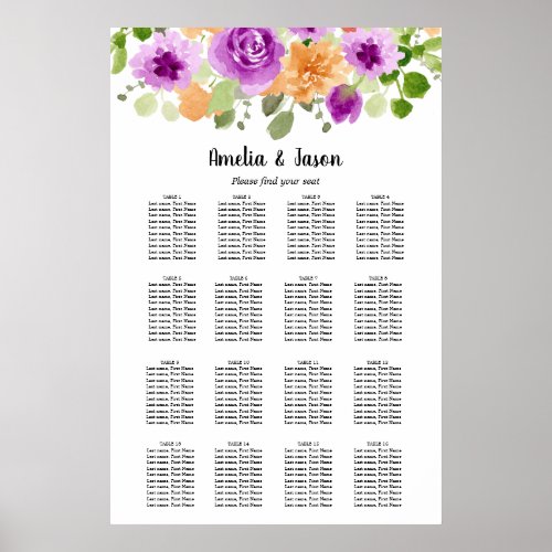 Purple Floral Wedding 16 Table Seating Chart