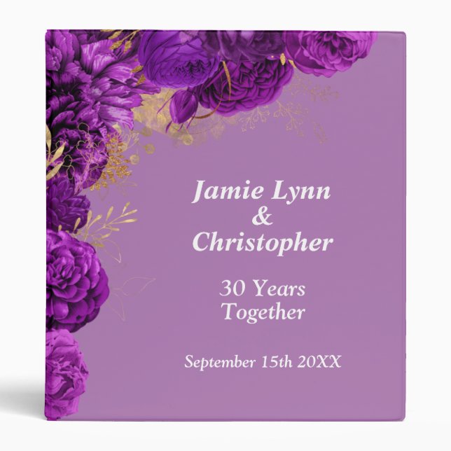 Purple Floral Wedding Anniversary 3 Ring Binder (Front)