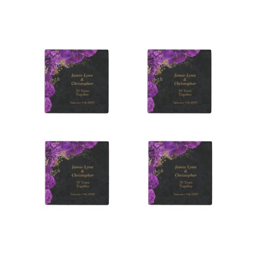 Purple Floral Wedding Anniversary Stone Magnet