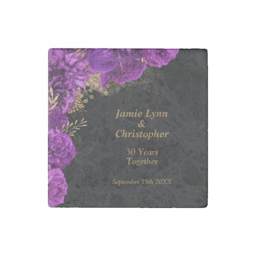 Purple Floral Wedding Anniversary Stone Magnet