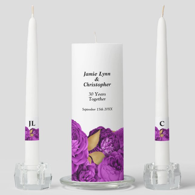 Purple Floral Wedding Anniversary Unity Candle Set (Front)
