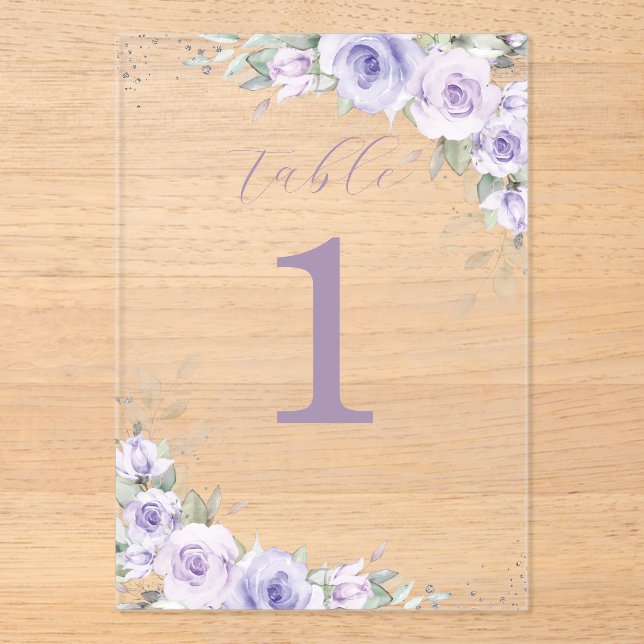 Purple Floral Wedding Bridal Shower Table Number (Front)
