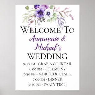Purple Floral Wedding Ceremony Details Welcome Poster