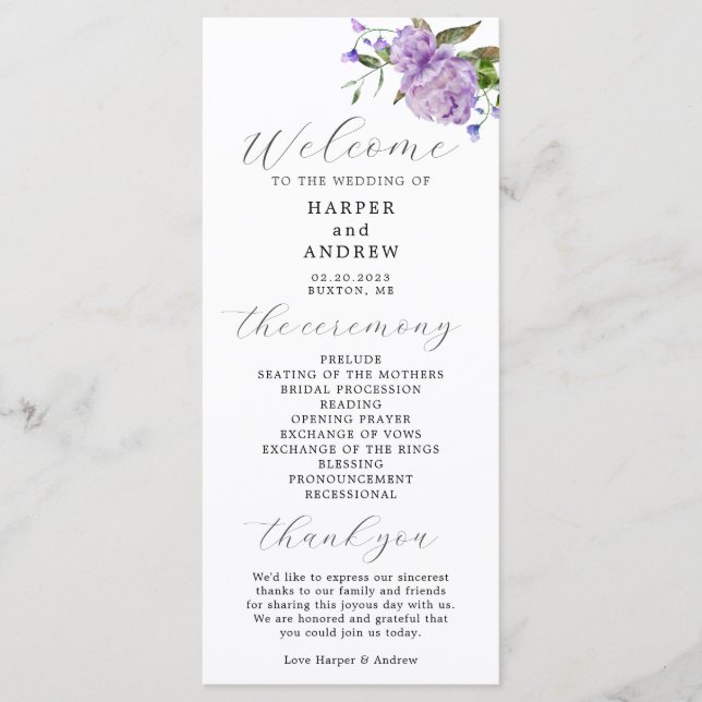 Purple Floral Wedding Ceremony Program (Front)