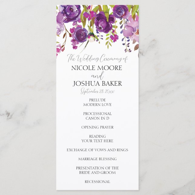 Purple Floral Wedding Ceremony Program (Front)