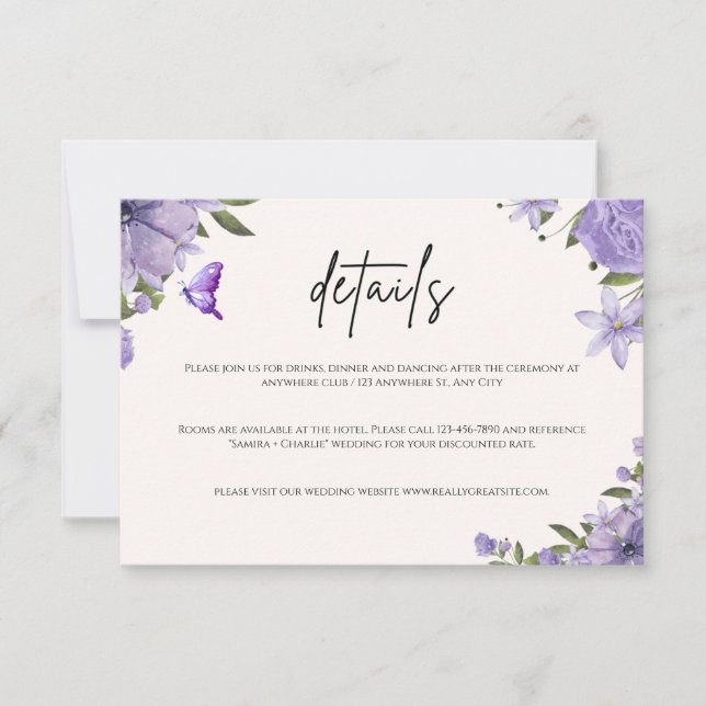 Purple Floral Wedding Details Enclosure Card (Front)