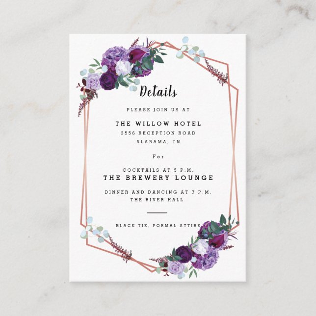 Purple Floral Wedding Details Enclosure Card (Front)
