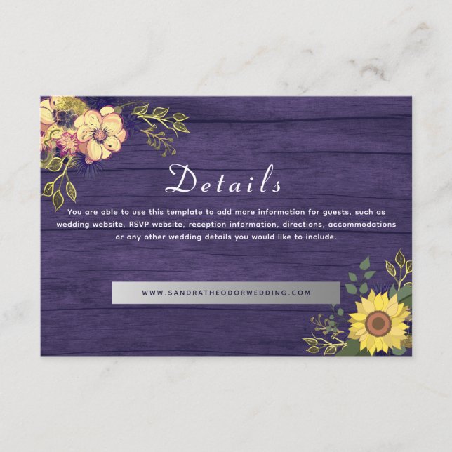 Purple Floral Wedding Details Enclosure Card (Front)
