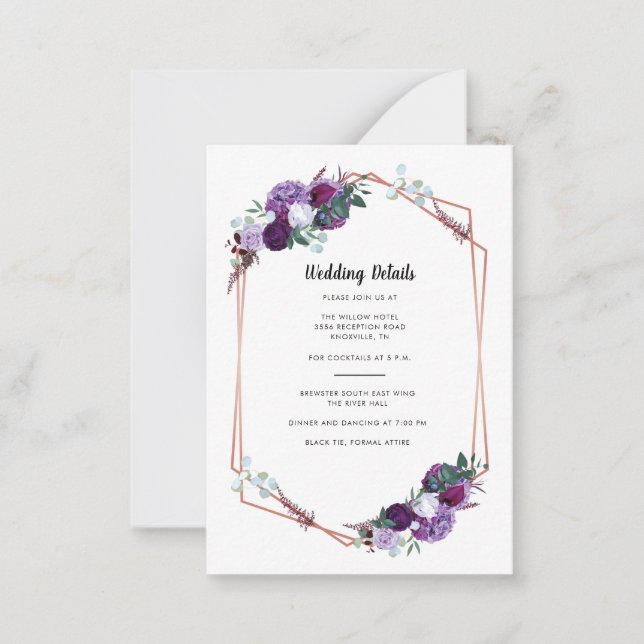 Purple Floral Wedding Details Enclosure Note Card (Front)