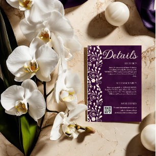 Purple Floral Wedding Details QR code Enclosure Card