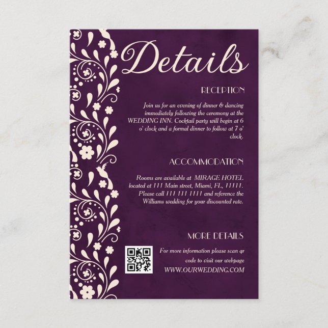 Purple Floral Wedding Details QR code Enclosure Card (Front)