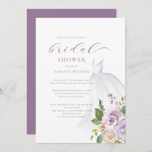 Purple Floral Wedding Dress Bridal Shower Invitation