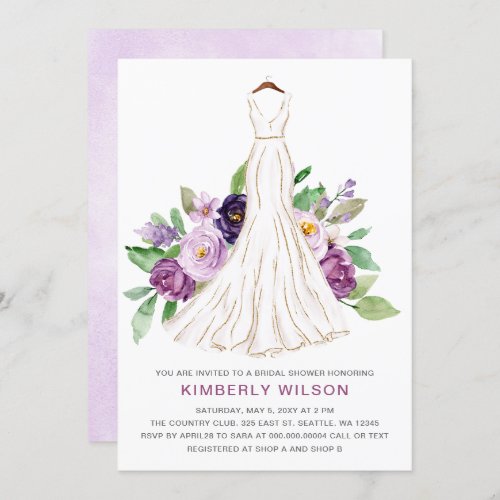 Purple Floral Wedding Dress Bridal Shower Invitation