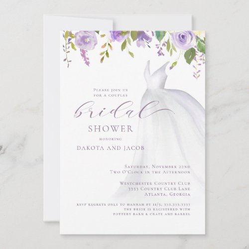 Purple Floral Wedding Dress Couples Bridal Shower Invitation
