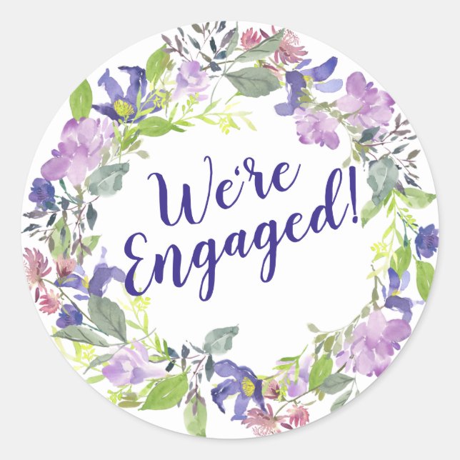 Purple Floral Wedding Engagement We're Engaged Classic Round Sticker (Front)