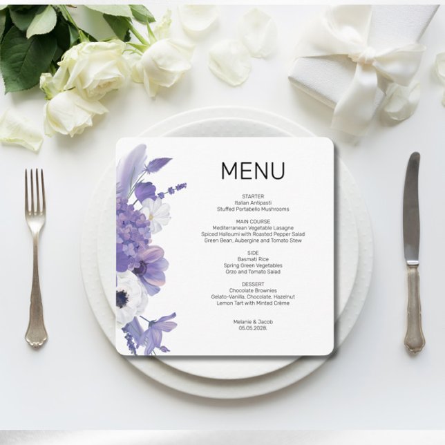 Purple Floral Wedding Flat Menu Card (Creator Uploaded)