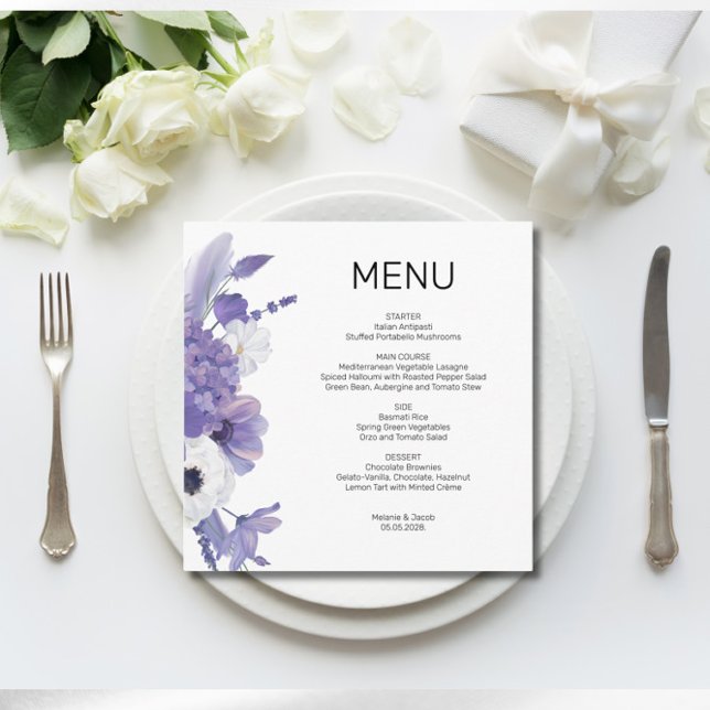 Purple Floral Wedding Flat Menu Card (Creator Uploaded)