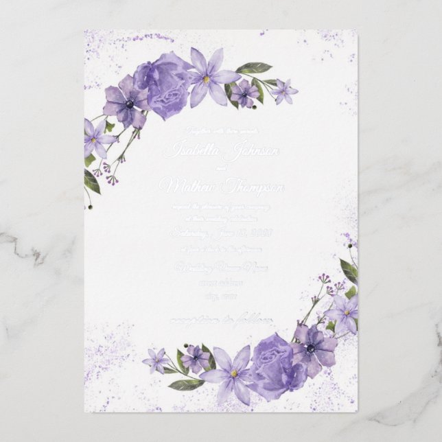 Purple Floral Wedding Foil Invitation (Front)
