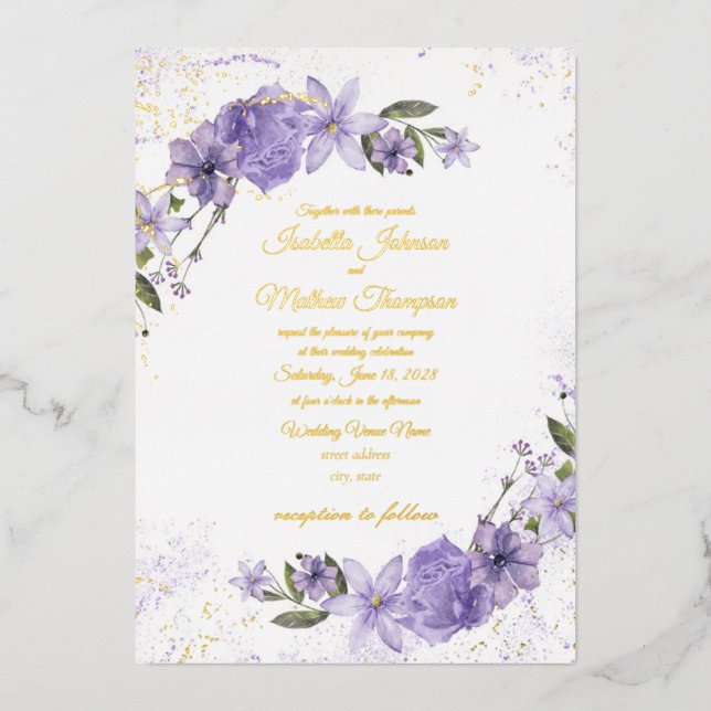 Purple Floral Wedding Foil Invitation (Front)