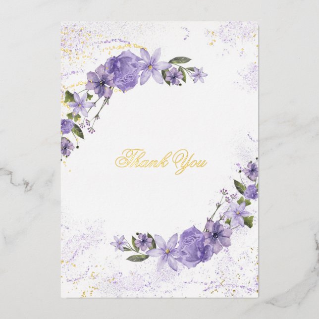 Purple Floral Wedding Foil Thank You Card (Front)