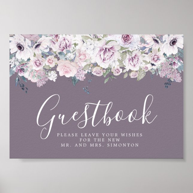 Purple Floral Wedding Guestbook Sign (Front)