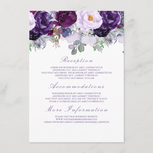 Purple Floral Wedding Information Guest Card (Front)