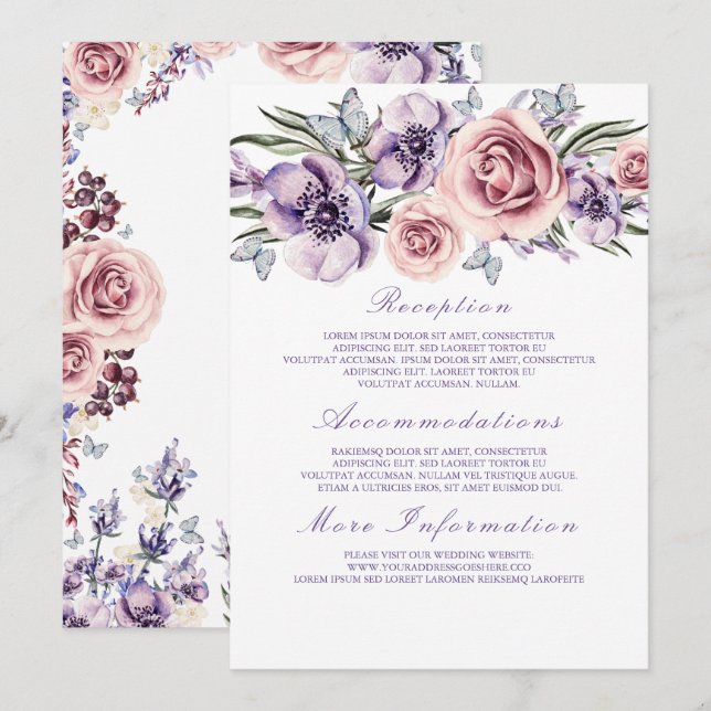 Purple Floral Wedding Information Guest Card (Front/Back)