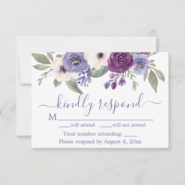 Purple Floral Wedding Invitation RSVP Card (Front)