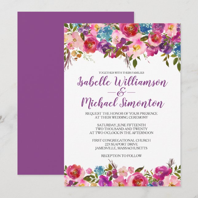Purple Floral Wedding Invitation Template (Front/Back)