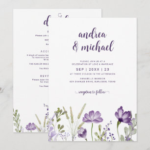 Purple Floral Wedding Invitation with Details Back