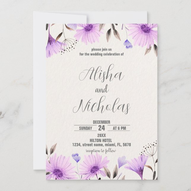Purple Floral Wedding Invitations (Front)