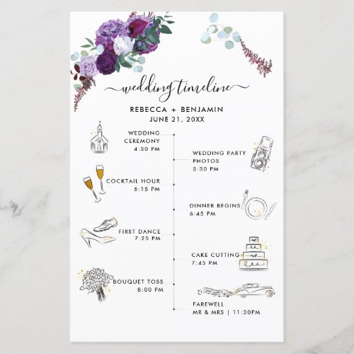Purple Floral Wedding Itinerary Icons Program Card