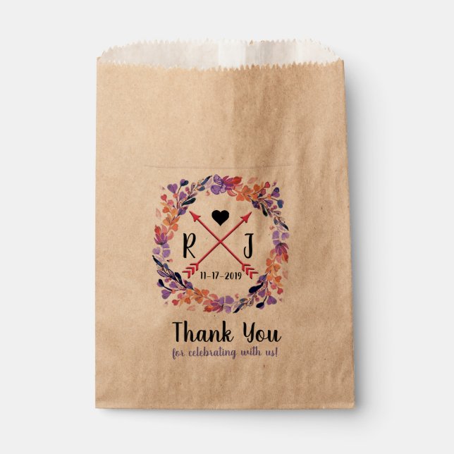 Purple Floral Wedding Monogram Wreath Design Favor Bag (Front)