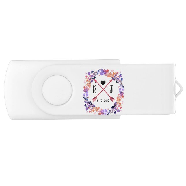 Purple Floral Wedding Monogram Wreath Design Flash Drive (Front)
