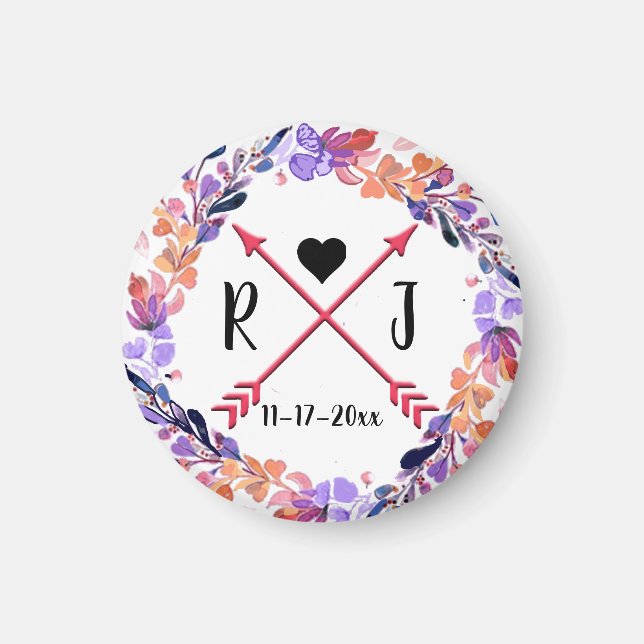 Purple Floral Wedding Monogram Wreath Design Magnet (Front)