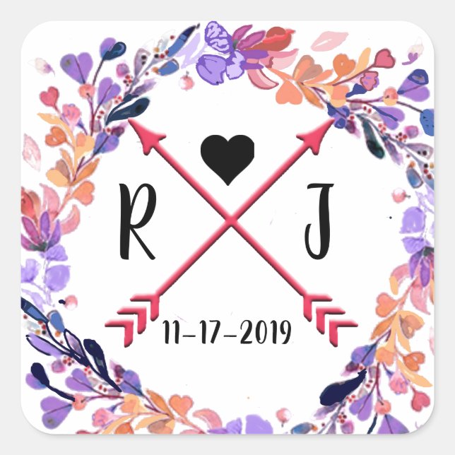 Purple Floral Wedding Monogram Wreath Design Square Sticker (Front)