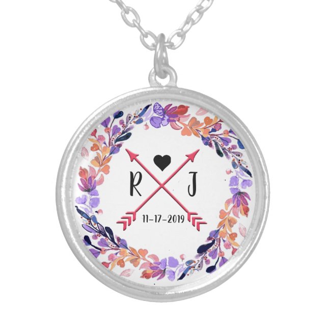 Purple Floral Wedding Monogram Wreath Silver Plated Necklace (Front)