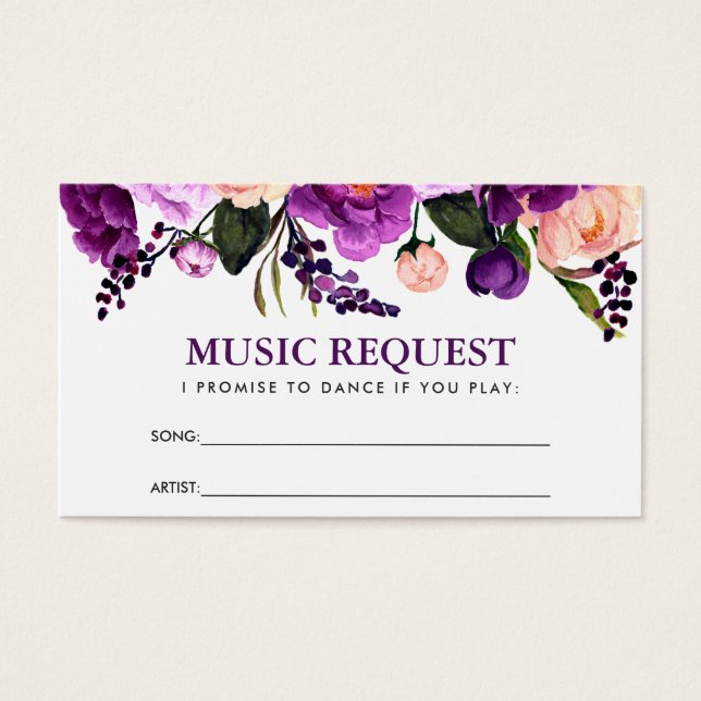 Purple Floral Wedding Music Song Request Card (Front)