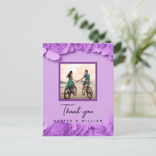 Purple floral wedding photo thank you postcard