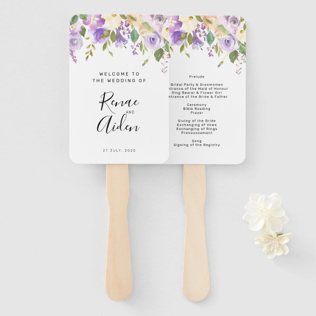Purple floral wedding program hand fan, floral hand fan (Front and Back)